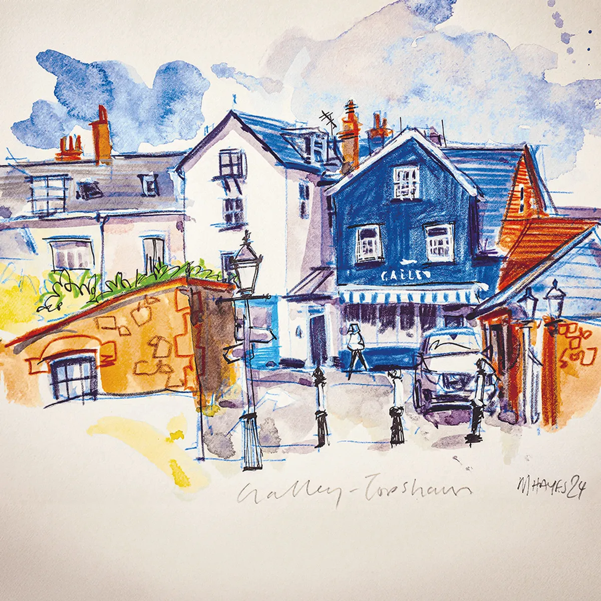 Watercolour painting of The Galley building on Fore Street, Topsham