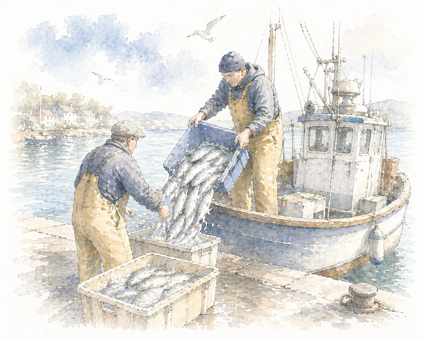 Watercolour of fishermen unloading day-caught fish at the harbour quay