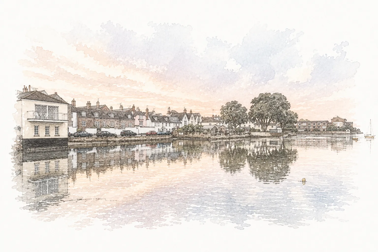 Watercolour of Topsham harbour with sailing boats at low tide