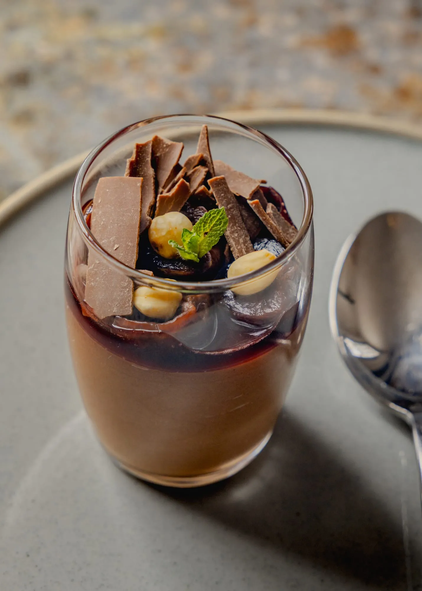 Valrhona Hukambi chocolate mousse with boozy cherries, hazelnuts and flaked chocolate
