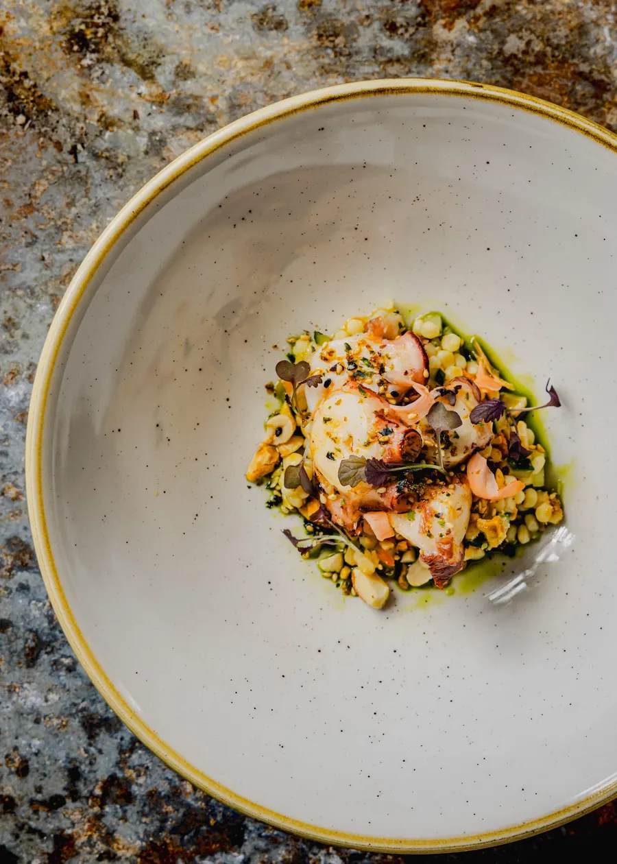 Wild Cornish octopus with romesco, pearl couscous, pink ginger and dried shrimp