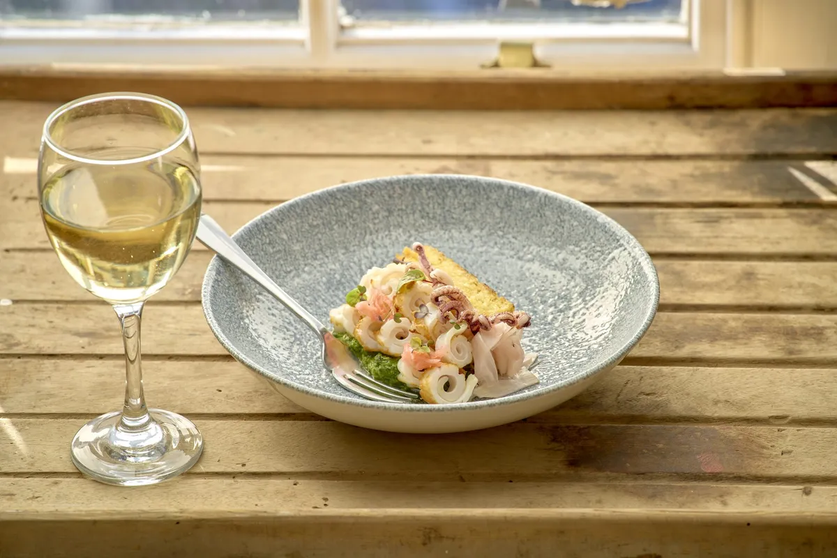 Seafood salad with white wine, by the upstairs window