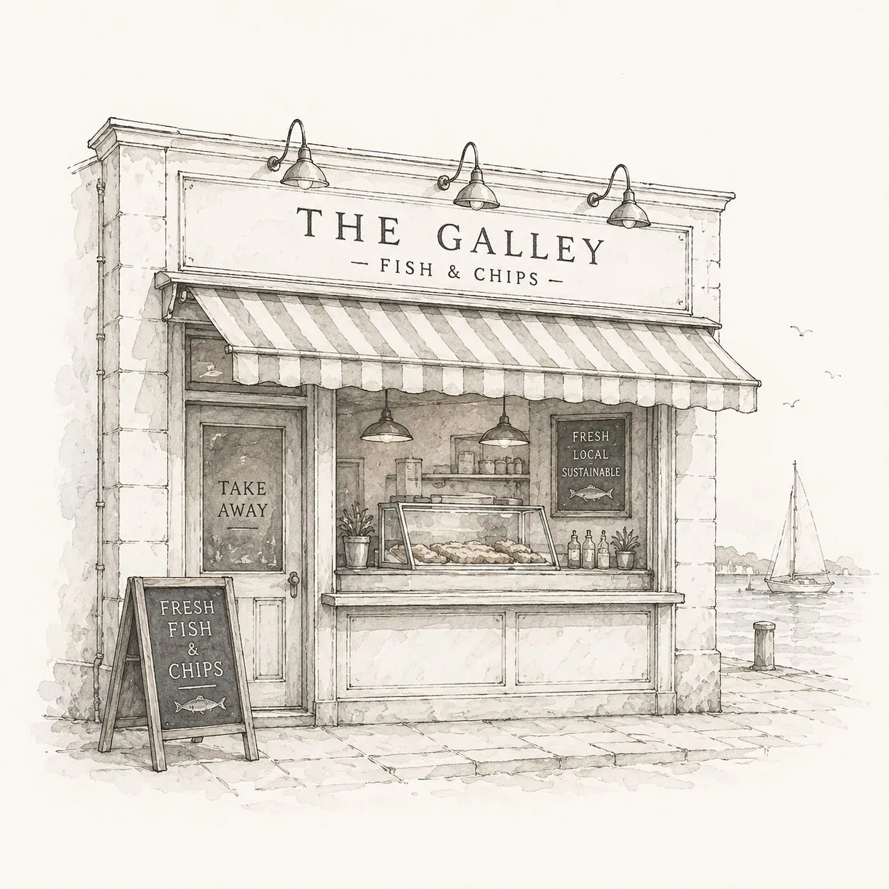 Watercolour of The Galley Restaurant fish and chips takeaway in Topsham — striped awning, hanging lamps and a sailboat on the Exe estuary beyond