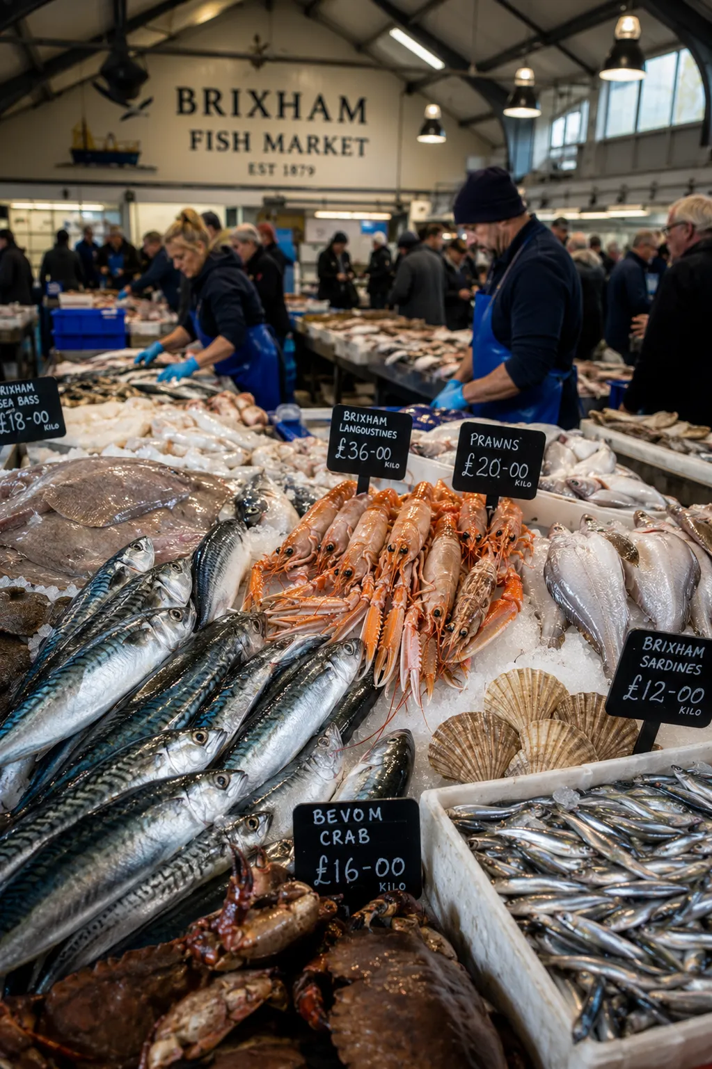 Brixham Fish Market under the 'est 1879' sign — mackerel, langoustines, prawns, Brixham sardines, Devon crab, sprats and scallops on ice, with fishmongers in blue aprons in the background
