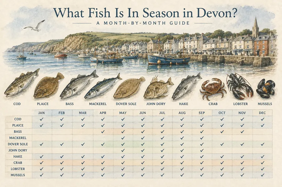 Watercolour seasonal seafood calendar for Devon — cod, plaice, bass, mackerel, Dover sole, John Dory, hake, crab, lobster and mussels, with a Brixham harbour view