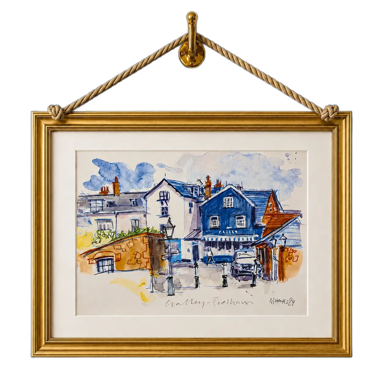 Framed watercolour of The Galley building hanging from a hemp rope
