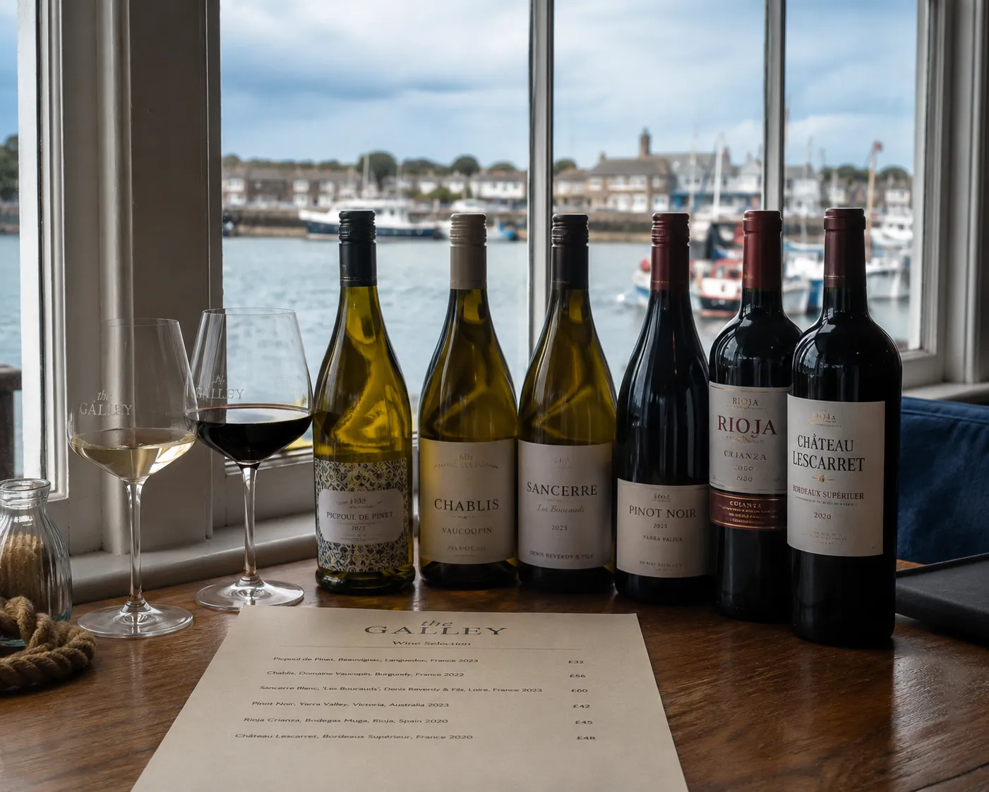 Wines from The Galley's by-the-glass selection — Picpoul de Pinet, Chablis, Sancerre, Pinot Noir, Rioja and Bordeaux on the dining room table in Topsham, Devon