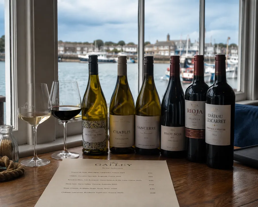 Wine selection at The Galley — Picpoul de Pinet, Chablis, Sancerre, Pinot Noir, Rioja and Bordeaux on the table by the harbour window
