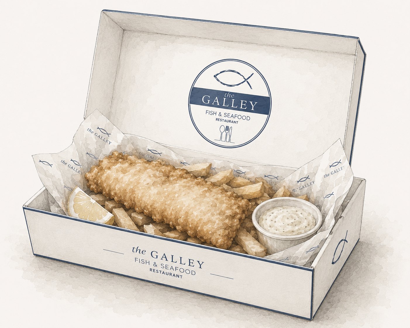 Watercolour of an open Galley-branded takeaway box with battered fish, chips, lemon and tartar sauce